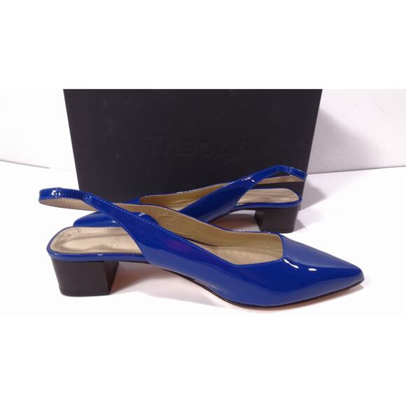 Theory Women's Block Heel Slingback in Patent Leather Sz 37 NIB 355 BLUE - Picture 3 of 9